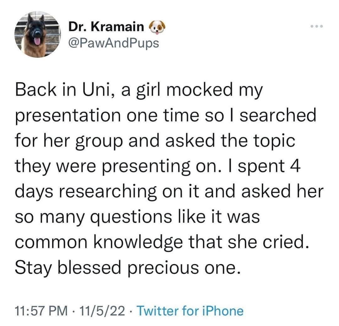 Dr Kramain PawAndPups Back in Uni a girl mocked my presentation one time so searched for her group and asked the topic they were presenting on spent 4 days researching on it and asked her so many questions like it was common knowledge that she cried Stay blessed precious one 1157 PM 11522 Twitter for iPhone