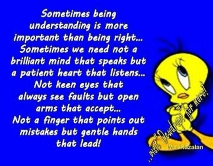 Sometimes being understanding is more important than being right... Sometimes we need not a brilliant mind that speaks but a patient heart that listens... Not keen eyes that always see faults but open arms that accept... Not a finger that points out mistakes but gentle hands that lead! ...visit Dewdrops for more! M. Razalan