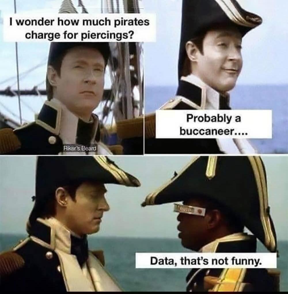 I wonder how much pirates charge for piercings? Probably a buccaneer.... Data, that's not funny. Riker's Beard. HUMOR.