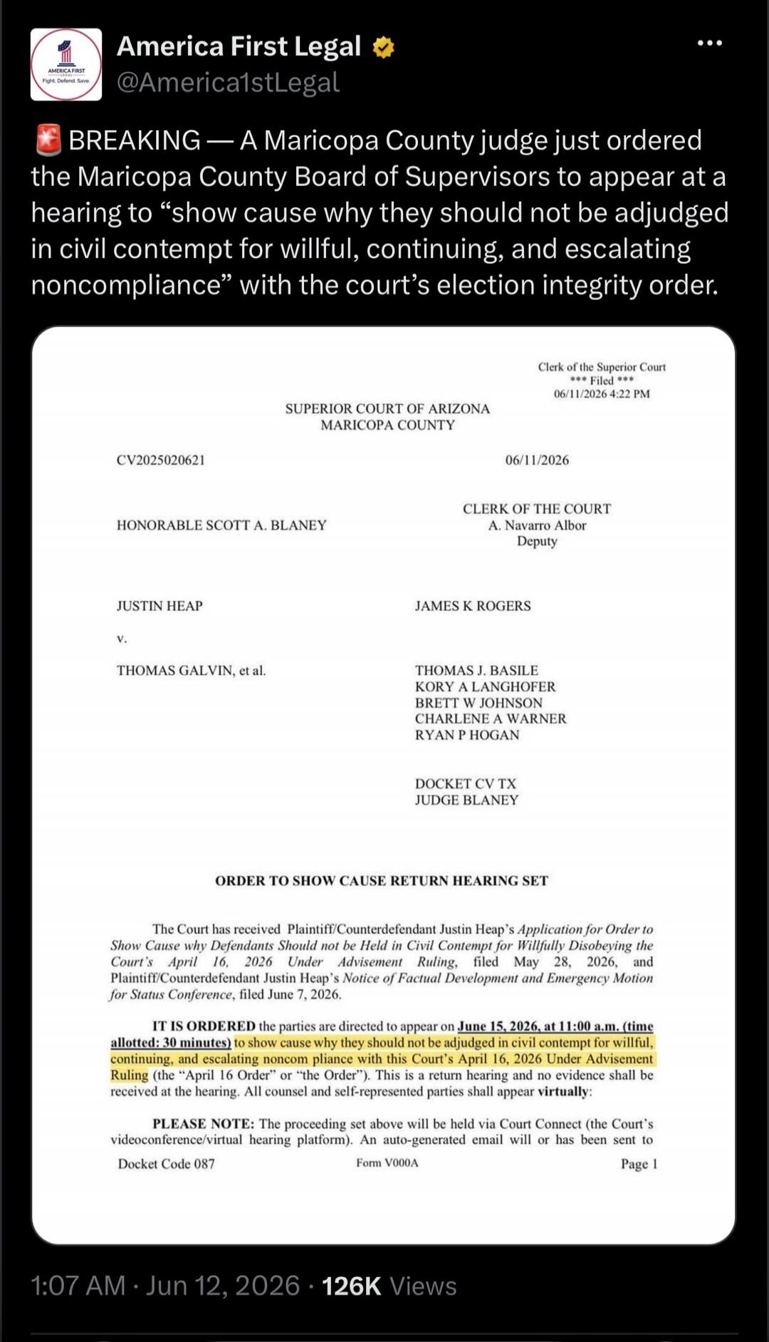 BREAKING — A Maricopa County judge just ordered the Maricopa County Board of Supervisors to appear at a hearing to “show cause why they should not be adjudged in civil contempt for willful, continuing, and escalating noncompliance” with the court’s election integrity order. SUPERIOR COURT OF ARIZONA MARICOPA COUNTY CLERK OF THE SUPERIOR COURT *** F