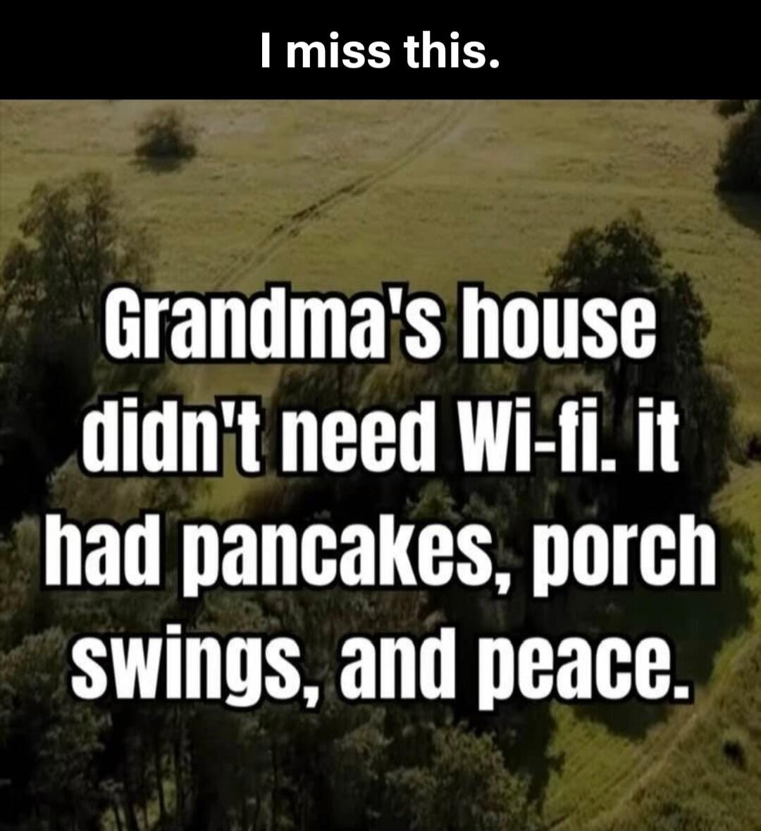 I miss this. Grandma's house didn't need Wi-Fi. It had pancakes, porch swings, and peace.