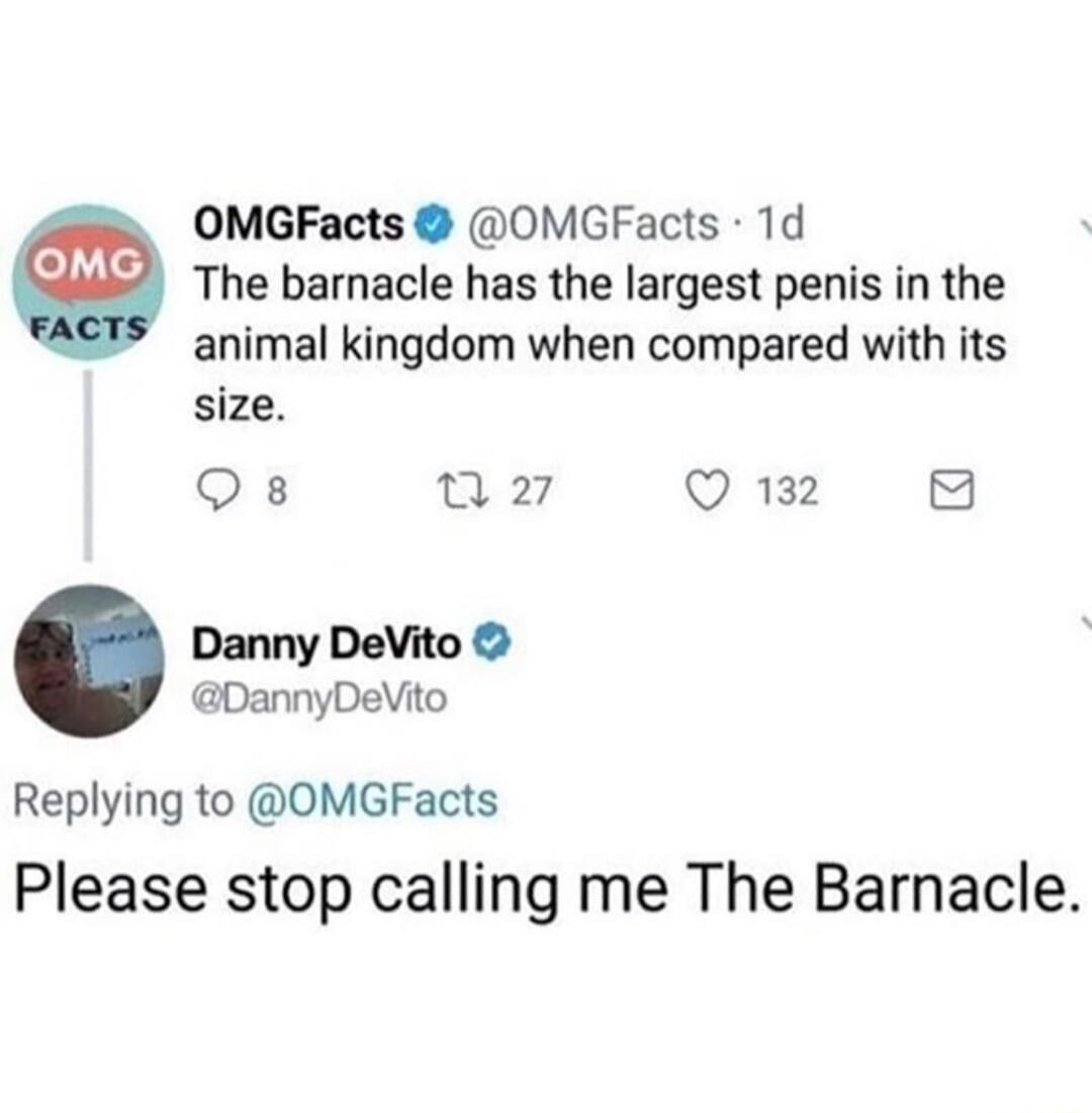 OMGFacts OMGFacts 1d The barnacle has the largest penis in the animal kingdom when compared with its size Qs 27 Q 132 Danny DeVito DannyDeVito Replying to OMGFacts Please stop calling me The Barnacle