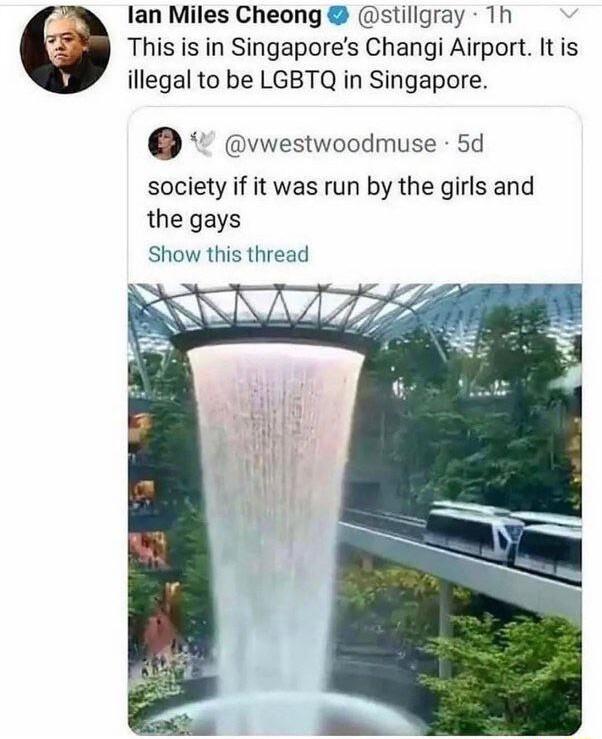 lan Miles Cheong stillgray 1h This is in Singapores Changi Airport Itis illegal to be LGBTQ in Singapore vwestwoodmuse 5d society if it was run by the girls and the gays Show this thread