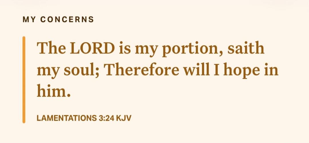 MY CONCERNS The LORD is my portion, saith my soul; Therefore will I hope in him. LAMENTATIONS 3:24 KJV