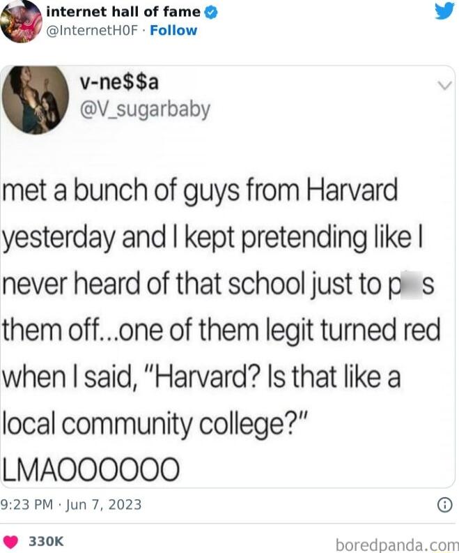 internet hall of fame v InternetHOF Follow v nea V_sugarbaby met a bunch of guys from Harvard yesterday and kept pretending like never heard of that school just to p s them offone of them legit turned red when said Harvard Is that like a local community college LMAOOOOOO 923 PM Jun 7 2023 o 330K