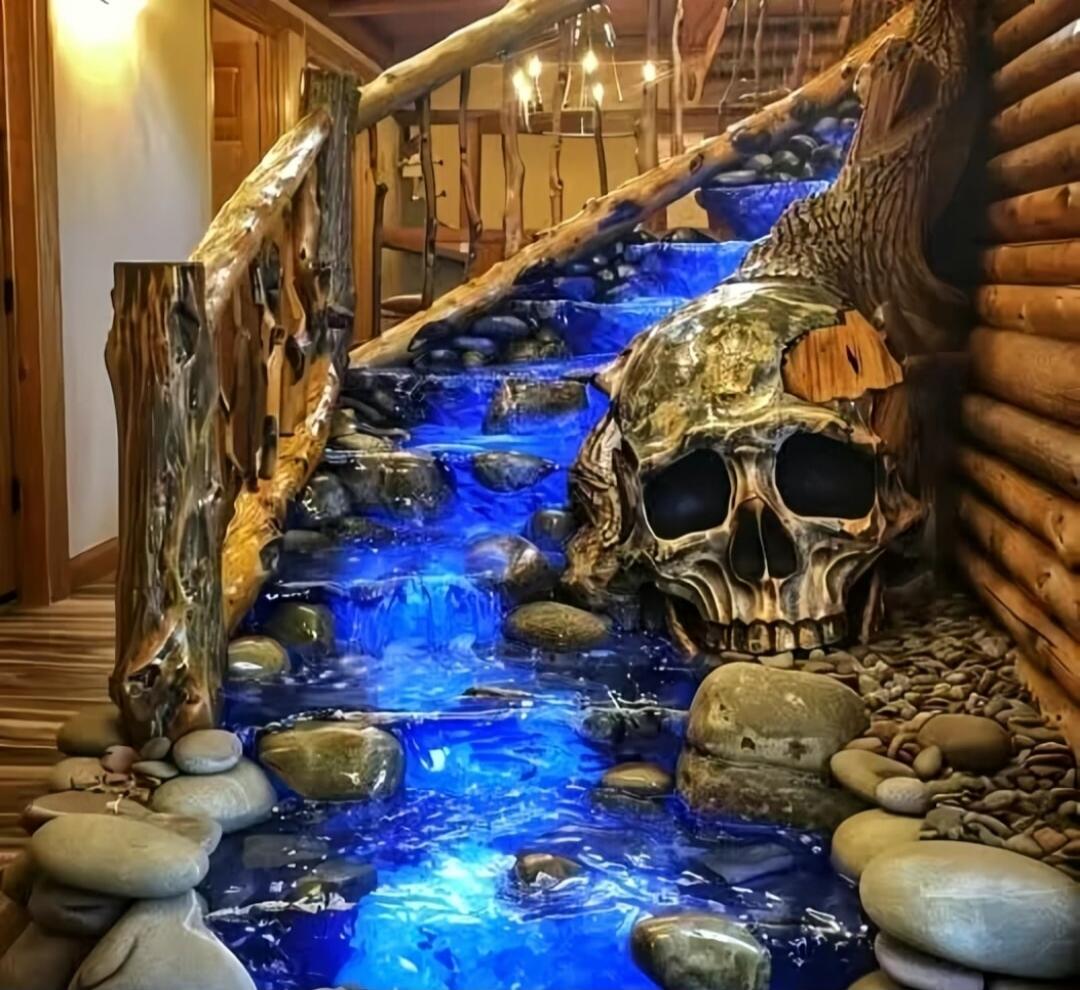A decorative scene with a large skull, a blue-lit stream of water running over stones along a wooden staircase, inside a log cabin setting.