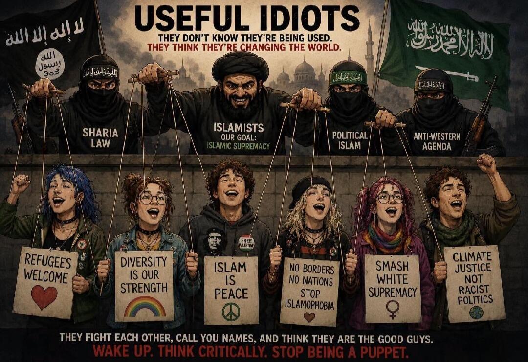 USEFUL IDIOTS. THEY DON'T KNOW THEY'RE BEING USED. THEY THINK THEY'RE CHANGING THE WORLD. SHARIA LAW. ISLAMISTS OUR GOAL: ISLAMIC SUPREMACY. POLITICAL ISLAM. ANTI-WESTERN AGENDA. REFUGEES WELCOME. DIVERSITY IS OUR STRENGTH. ISLAM IS PEACE. NO BORDERS NO NATIONS STOP ISLAMOPHOBIA. SMASH WHITE SUPREMACY. CLIMATE JUSTICE NOT RACIST POLITICS. THEY FIGH