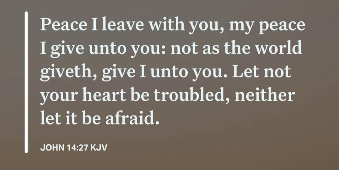 Peace I leave with you, my peace I give unto you: not as the world giveth, give I unto you. Let not your heart be troubled, neither let it be afraid. JOHN 14:27 KJV