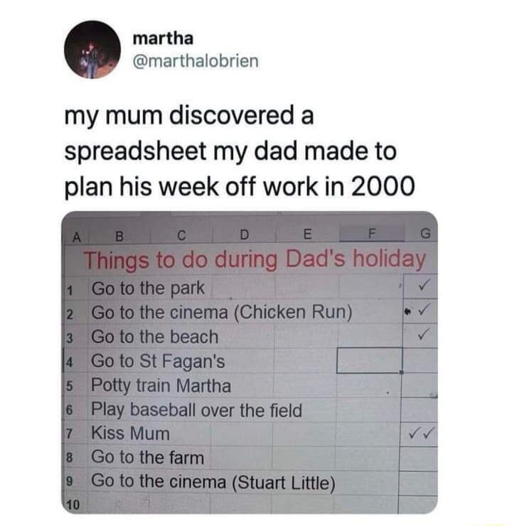 martha @marthalobrien my mum discovered a spreadsheet my dad made to plan his week off work in 2000. Things to do during Dad's holiday: 1. Go to the park 2. Go to the cinema (Chicken Run) 3. Go to the beach 4. Go to St Fagan's 5. Potty train Martha 6. Play baseball over the field 7. Kiss Mum 8. Go to the farm 9. Go to the cinema (Stuart Little)