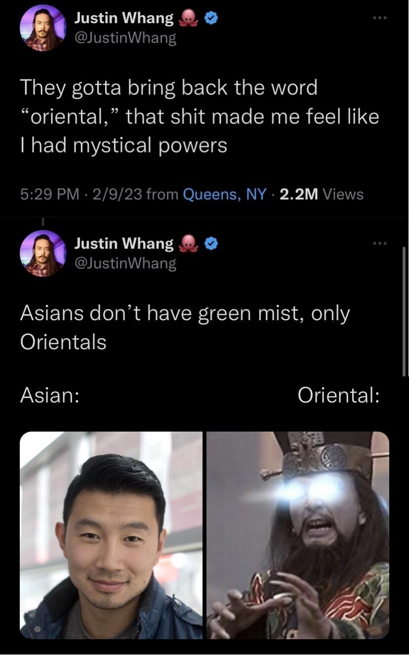 Justin Whang JustinWhang They gotta bring back the word oriental that shit made me feel like had mystical powers P ERL VETETPAR T NN BNV B 1Y RV ENE Justin Whang JustinWhang Asians dont have green mist only OIS A ELE Oriental