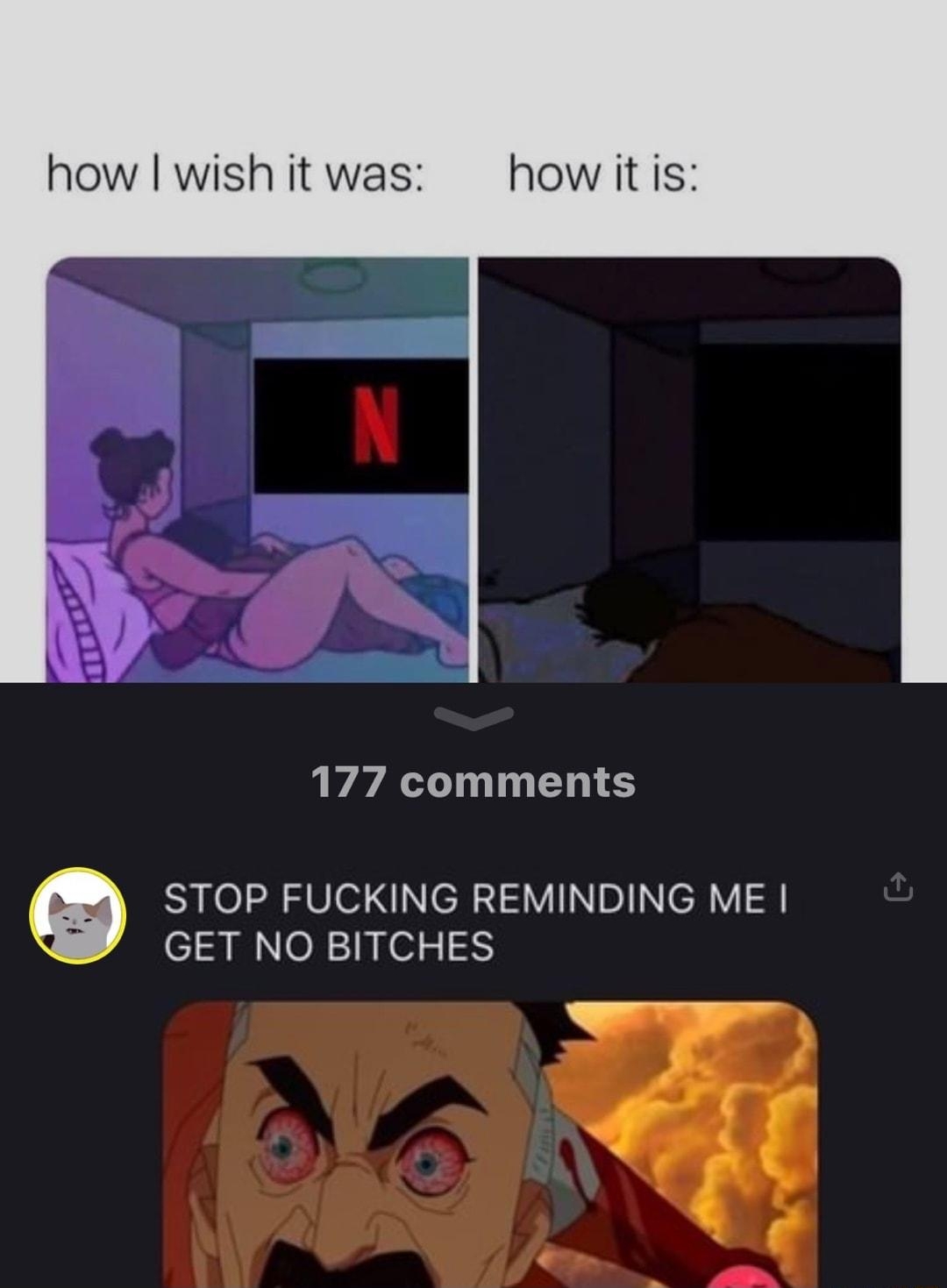how wishitwas how itis 177 comments e STOP FUCKING REMINDING ME GET NO BITCHES