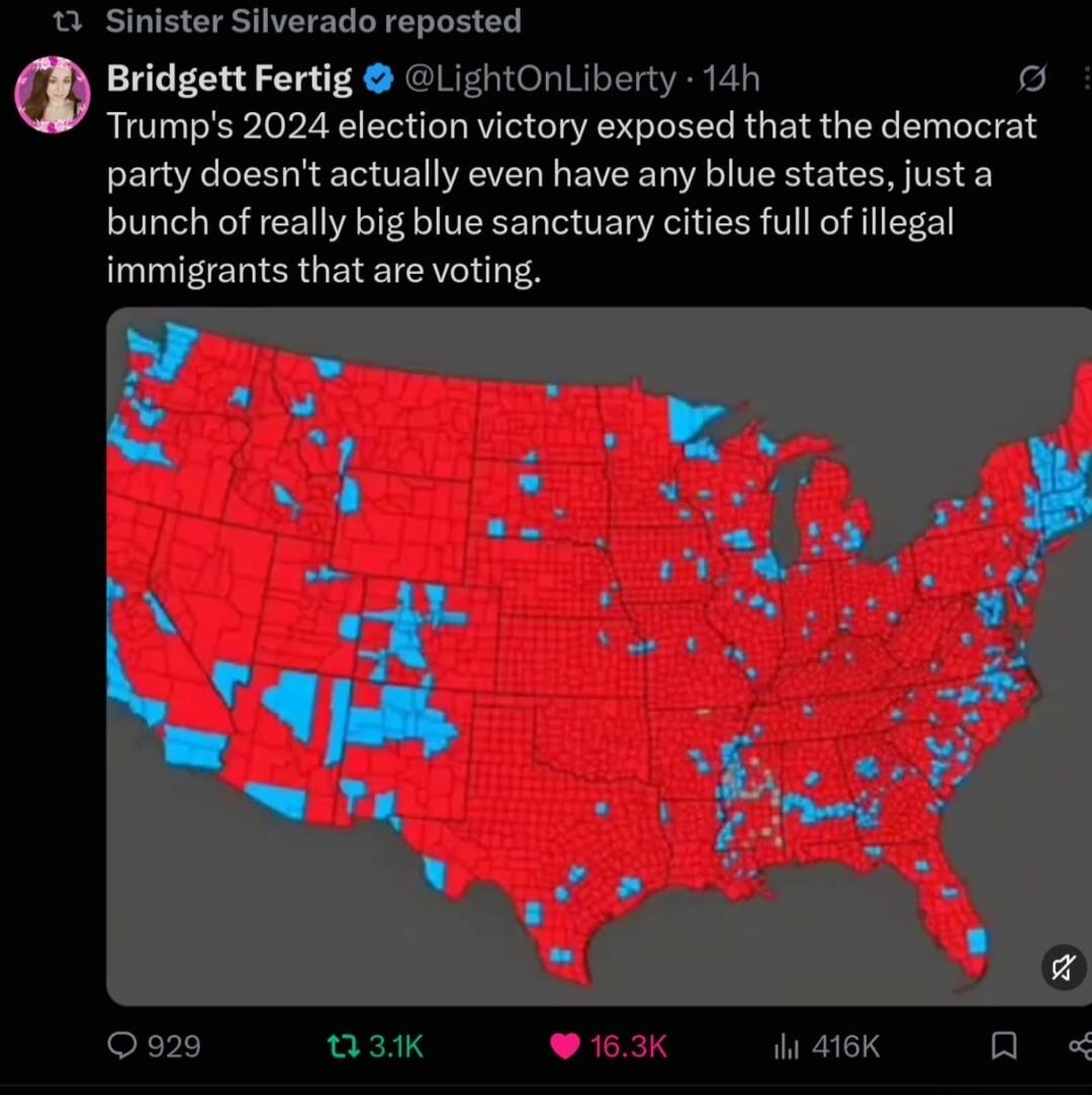 Trump's 2024 election victory exposed that the democrat party doesn't actually even have any blue states, just a bunch of really big blue sanctuary cities full of illegal immigrants that are voting.