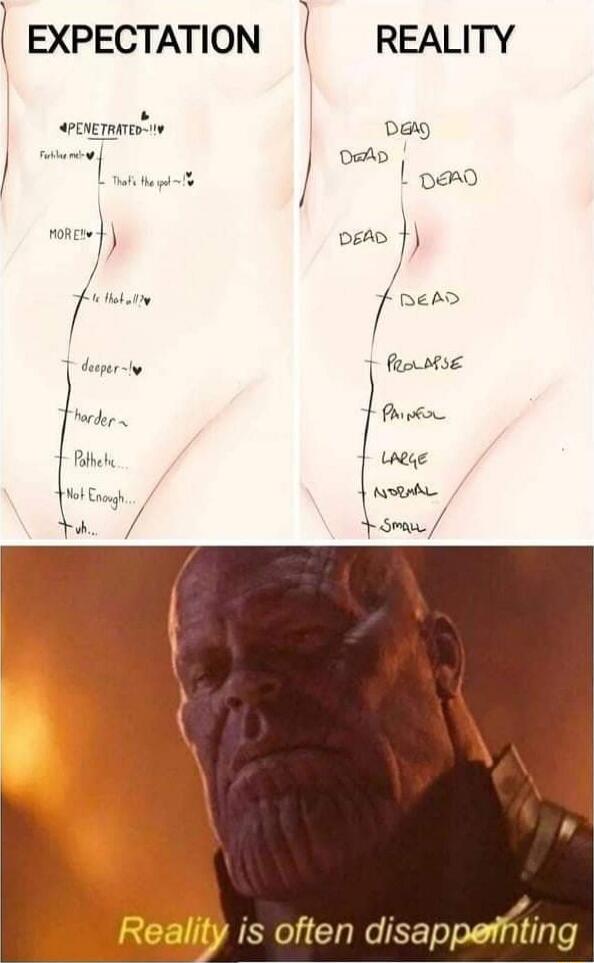 EXPECTATION | REALITY
[Left column] EXPECTATION terms along a vertical scale: penetrating, more, deeper, harder, perhaps, not enough, etc. [Right column] REALITY terms along a vertical scale: dead/dead/dead, prolaspe, painful, large, normal, small. Caption: Reality is often disappointing.