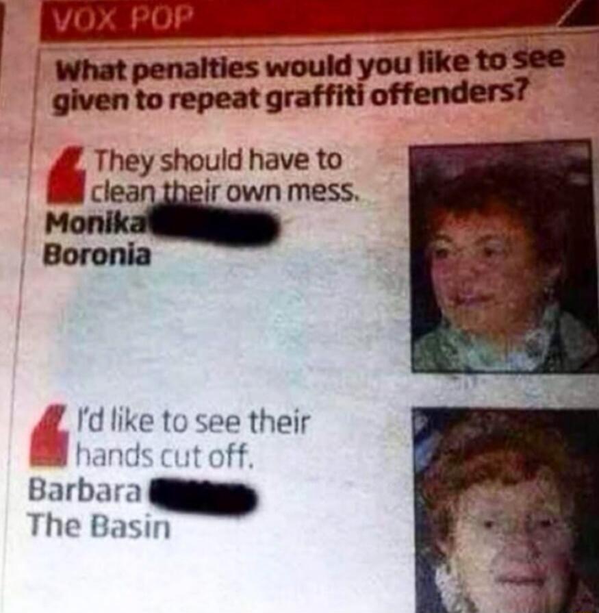 VOX_ROP S What penalties would you like to given to repeat graffiti offenders 4L They should have to _Jclmrownmess Boronia Id like to see their hands cut off Barbara The Basin