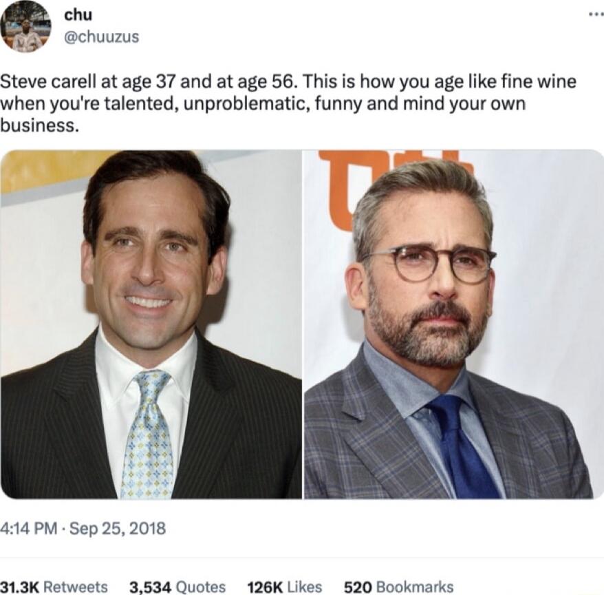 chu Steve carell at age 37 and at age 56 This is how you age like fine wine when youre talented unproblematic funny and mind your own business 414 PM Sep 25 2018 313K Retweets 3534 Quotes 126K Likes 520 Bookmarks