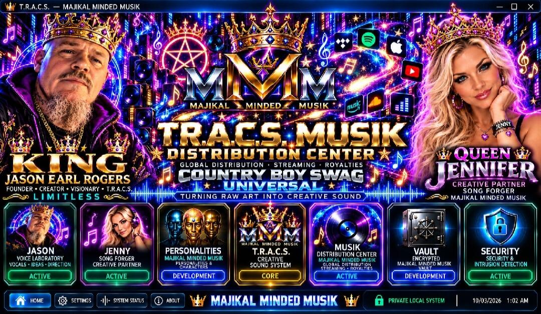 T.R.A.C.S. - Majikal Minded Musik. King Jason Earl Rogers, Founder, Creator, Visionary, T.R.A.C.S. Limitless. MMM Majikal Minded Musik. T.R.A.C.S. Musik Distribution Center. Global Distribution, Streaming, Royalties. Country Boy Swag Universal. Turning Raw Art Into Creative Sound. Queen Jennifer, Creative Partner, Song Forger, Majikal Minded Musik.