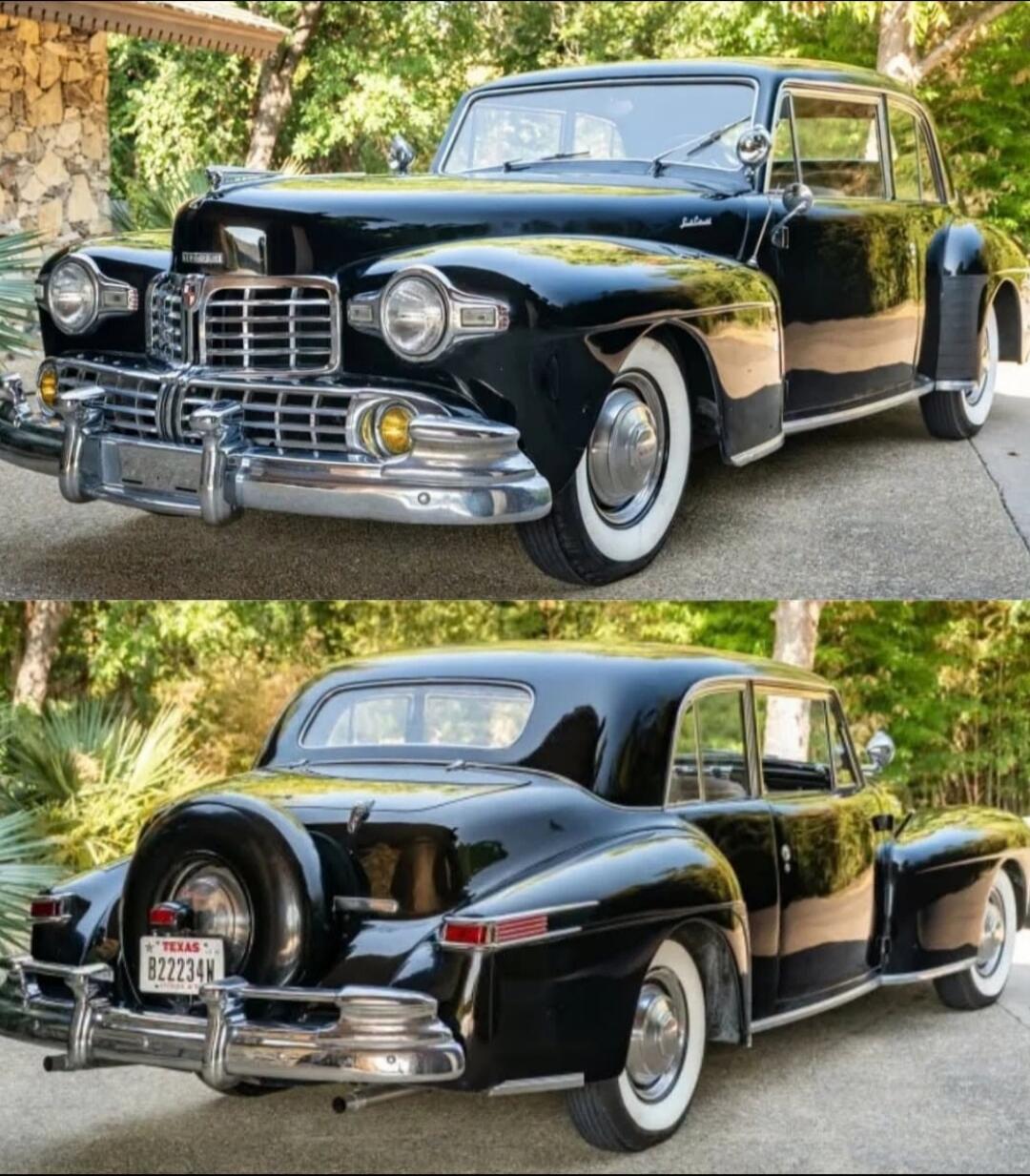 A classic black Lincoln Continental car, featuring a prominent grille and chrome details. The license plate reads 'TEXAS B22234W'. The image shows both the front and rear views of the vintage automobile.
