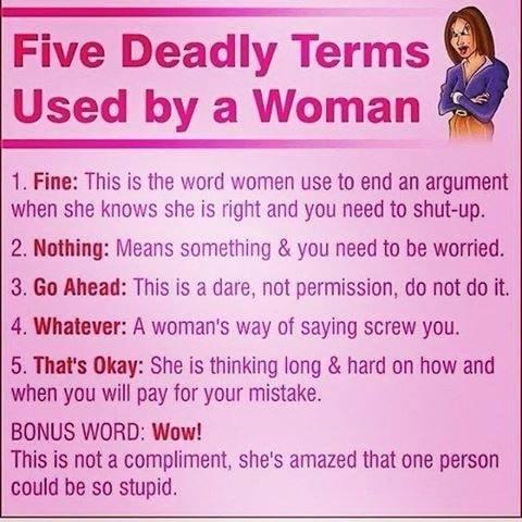 Ee Five Deadly Terms Used by a Woman 1 Fine This is the word women use to end an argument when she knows she is right and you need to shut up 2 Nothing Means something you need to be worried 3 Go Ahead This is a dare not permission do not do it 4 Whatever A womans way of saying screw you 5 Thats Okay She is thinking long hard on how and when you will pay for your mistake BONUS WORD Wow This is not