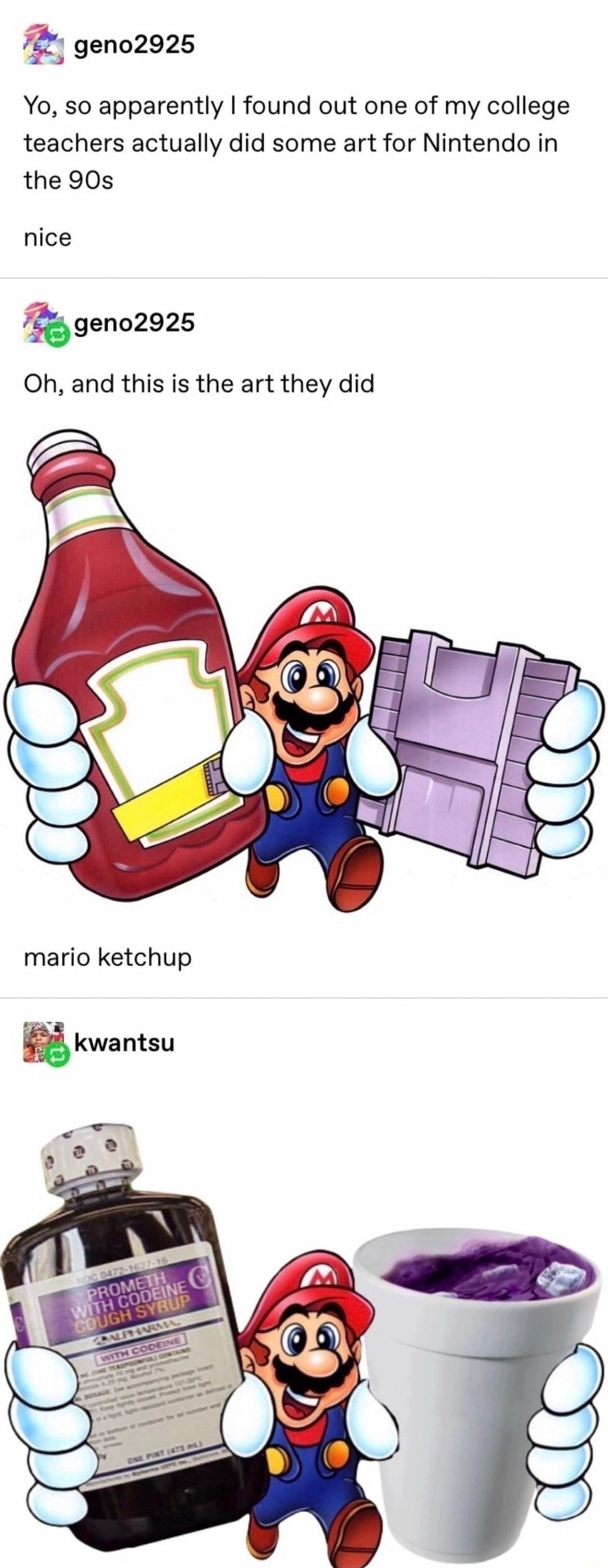 _ geno2925 Yo so apparently found out one of my college teachers actually did some art for Nintendo in the 90s nice gen02925 Oh and this is the art they did mario ketchup kwantsu