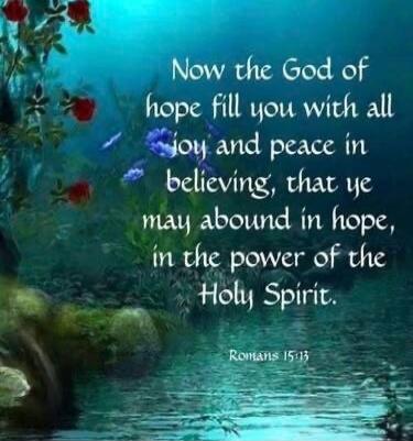 Now the God of hope fill you with all joy and peace in believing, that ye may abound in hope, in the power of the Holy Spirit.
Romans 15:13