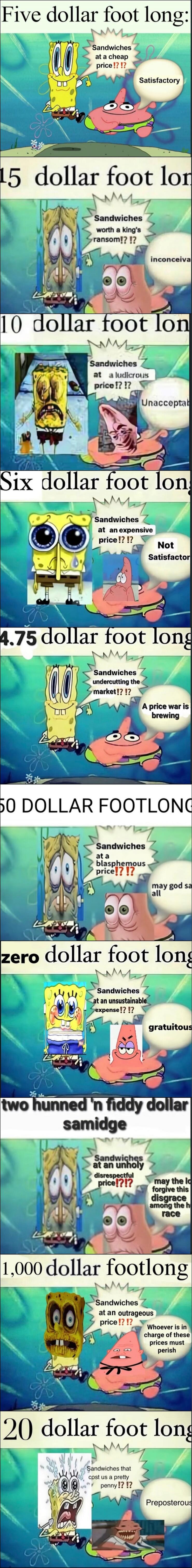 Five dollar foot long: Sandwiches at a cheap price!?!? Satisfactory. 15 dollar foot long: Sandwiches worth a king's ransom!?!? Inconceivable. 10 dollar foot long: Sandwiches at a ludicrous price!?!? Unacceptable. Six dollar foot long: Sandwiches at an expensive price!?!? Not Satisfactory. 4.75 dollar foot long: Sandwiches undercutting the market!?!