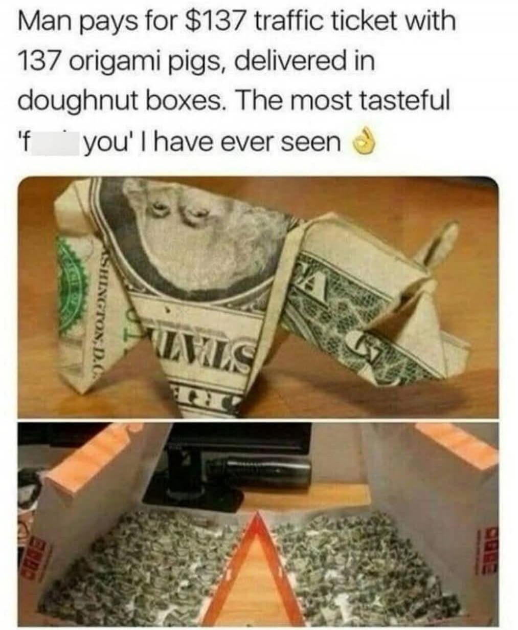 Man pays for $137 traffic ticket with 137 origami pigs, delivered in doughnut boxes. The most tasteful 'f*** you' I have ever seen