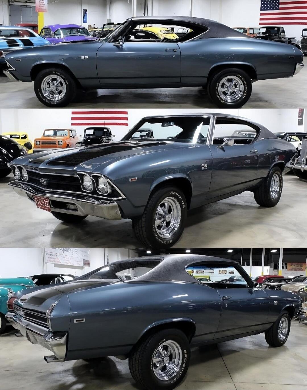 A classic Chevrolet Chevelle SS muscle car is displayed in a showroom, shown from multiple angles.