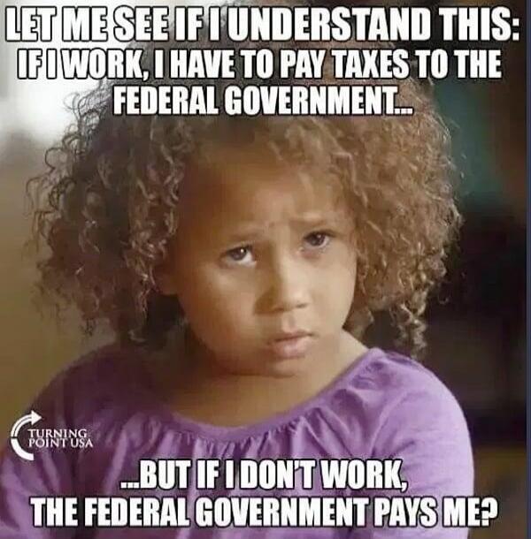 LET ME SEE IF I UNDERSTAND THIS: IF I WORK, I HAVE TO PAY TAXES TO THE FEDERAL GOVERNMENT... BUT IF I DON'T WORK, THE FEDERAL GOVERNMENT PAYS ME?