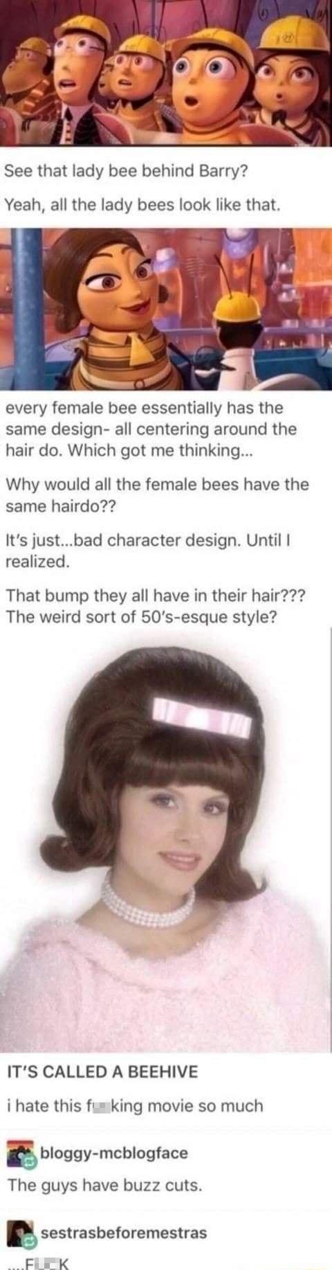 See that lady bee behind Barry Yeah all the lady bees look like that every female bee essentially has the same design all centering around the hair do Which got me thinking Why would all the female bees have the same hairdo Its justbad character design Until realized That bump they all have in their hair The weird sort of 50s esque style ITS CALLED A BEEHIVE i hate this fumking movie so much iblog