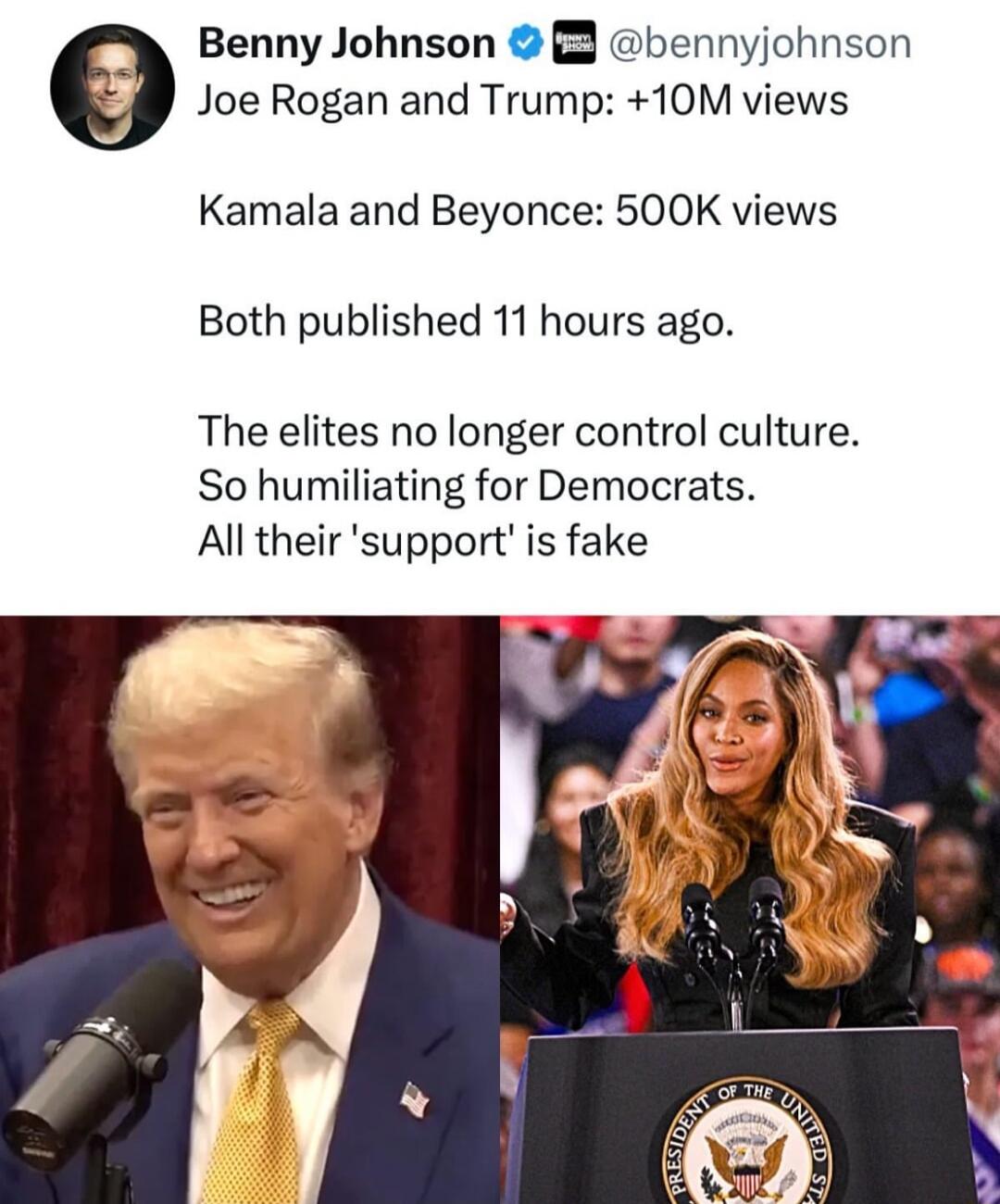 Benny Johnson bennyjohnson Joe Rogan and Trump 10M views Kamala and Beyonce 500K views Both published 11 hours ago The elites no longer control culture So humiliating for Democrats All their support is fake