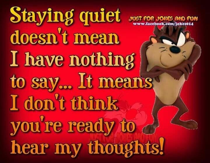 Staying quiet doesn't mean I have nothing to say... It means I don't think you're ready to hear my thoughts! JUST FOR JOKES AND FUN www.facebook.com/jokes014