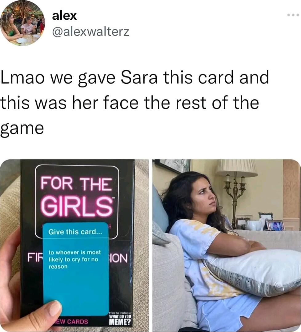 alex alexwalterz Lmao we gave Sara this card and this was her face the rest of the game