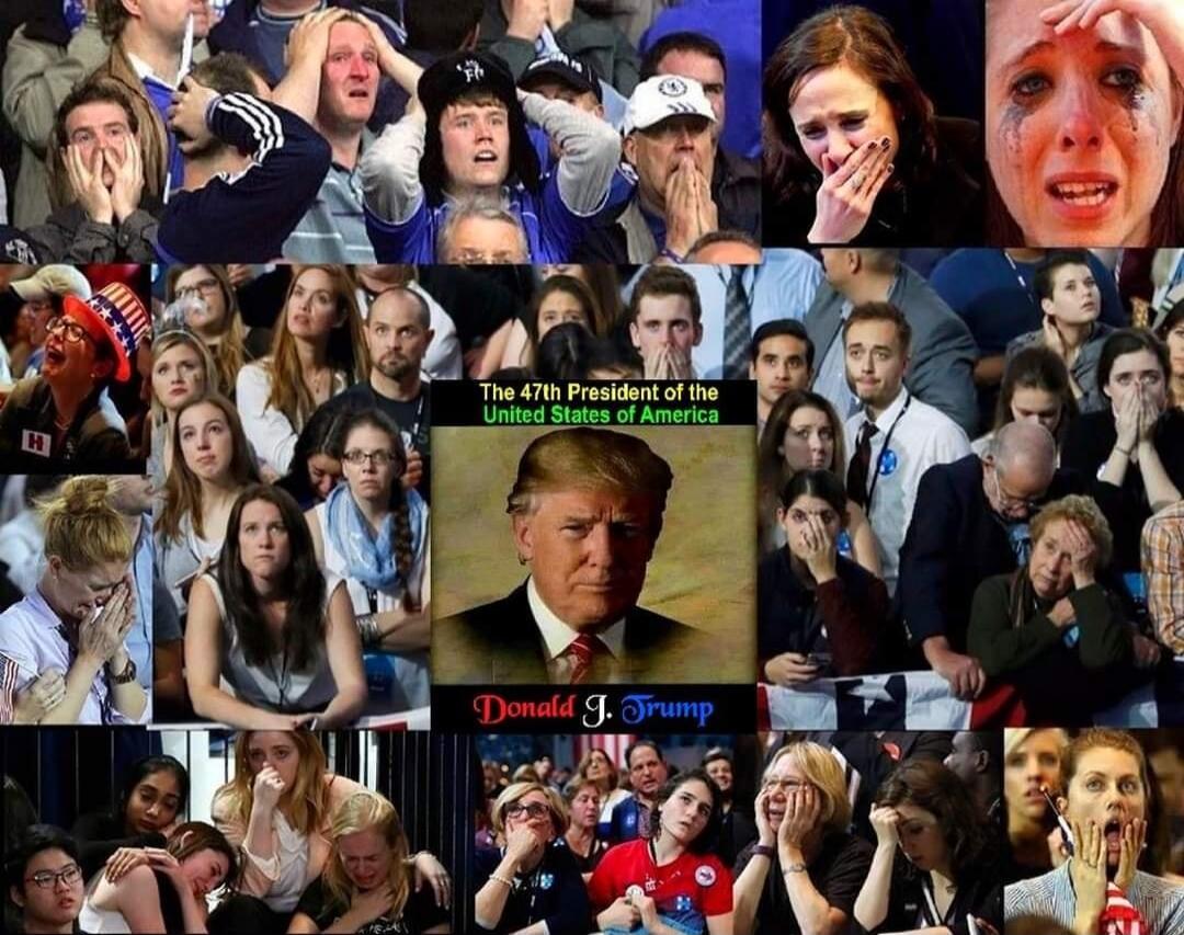 The 47th President of the United States of America. Donald J. Trump. The image shows a collage of various people, predominantly women, reacting with expressions of shock, sadness, and disbelief, some crying or covering their faces, surrounding a portrait of Donald J. Trump.