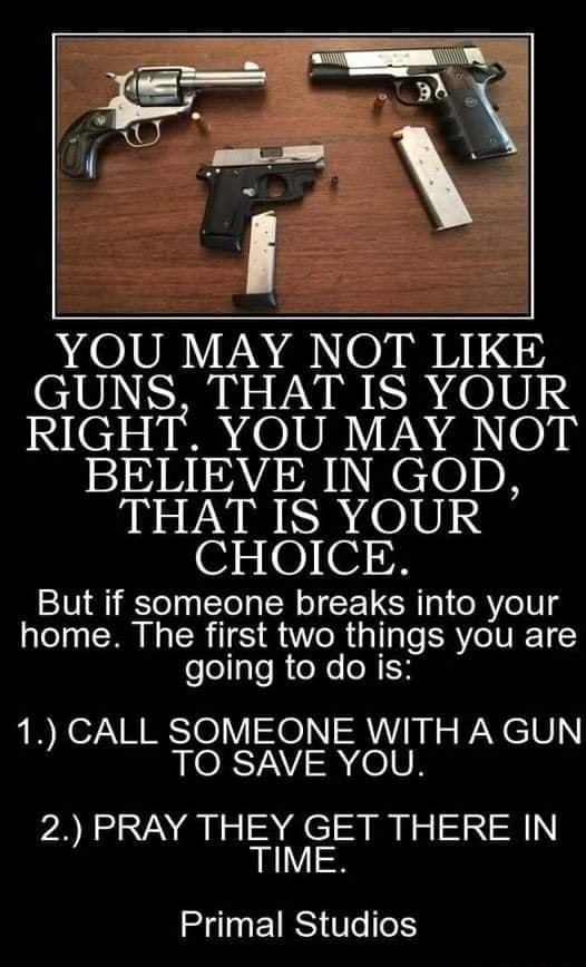 YOU MAY NOT LIKE GUNS THAT IS YOUR RIGHT YOU MAY NOT BELIEVE IN GOD THAT IS YOUR CHOICE But if someone breaks into your home The first two things you are going to do is 1 CALL SOMEONE WITH A GUN TO SAVE YOU 2 PRAY THEY GET THERE IN TIME IENEIRSTee1