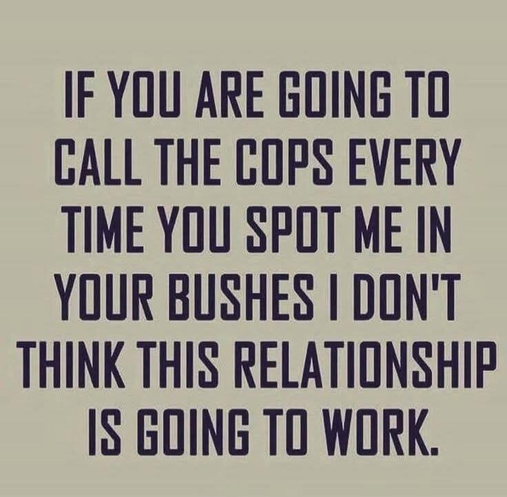 IF YOU ARE GOING TO CALL THE COPS EVERY TIME YOU SPOT ME IN YOUR BUSHES I DON'T THINK THIS RELATIONSHIP IS GOING TO WORK.