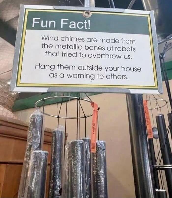 Fun Fact! Wind chimes are made from the metallic bones of robots that tried to overthrow us. Hang them outside your house as a warning to others.