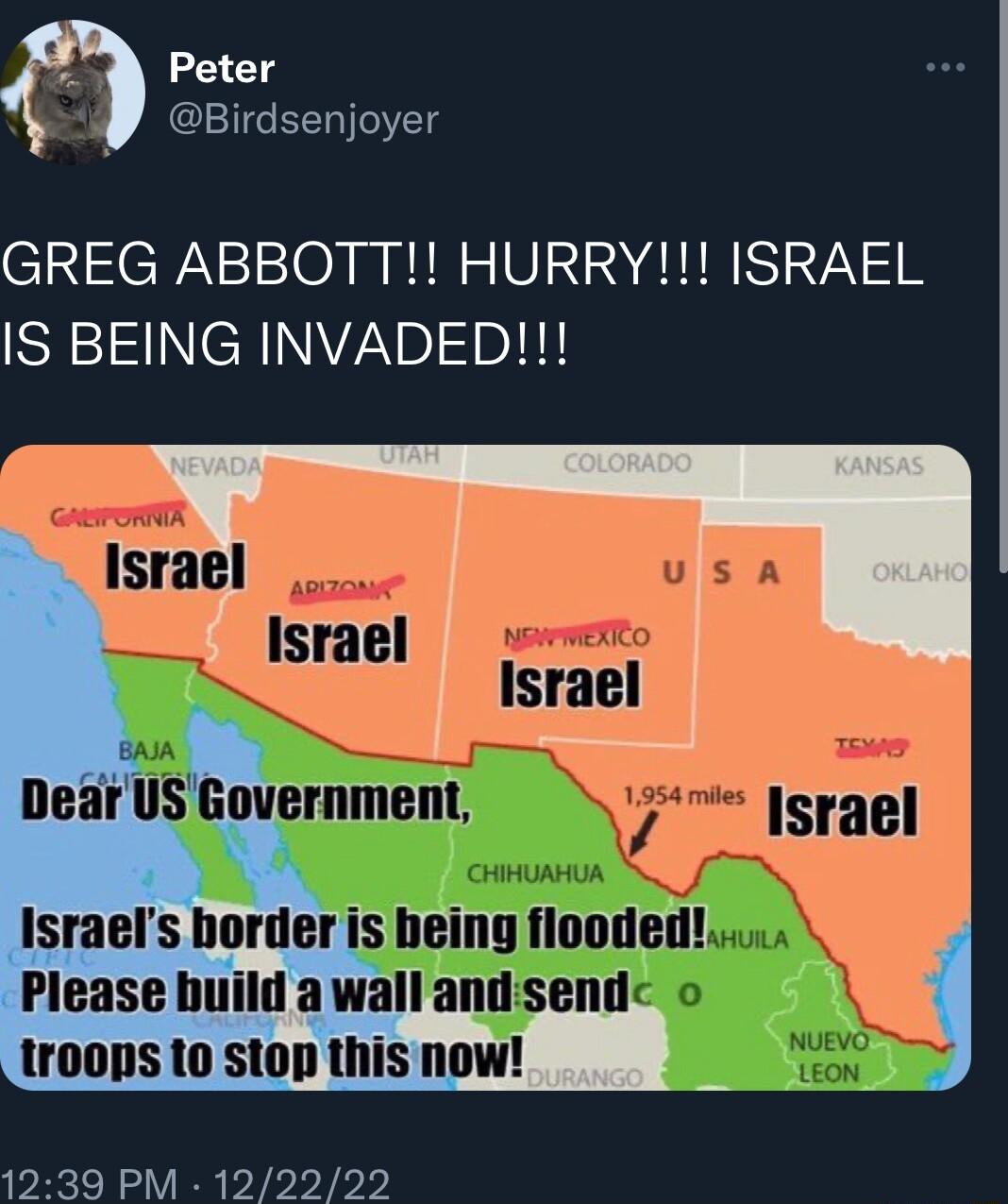 ch Peter Birdsenjoyer GREG ABBOTT HURRY ISRAEL IS BEING INVADED Government Israels horder is bein Please build awall 2 troops to stop thisnow 1239 PM 122222