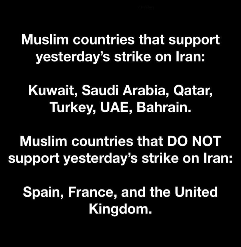 Muslim countries that support yesterday’s strike on Iran:

Kuwait, Saudi Arabia, Qatar, Turkey, UAE, Bahrain.

Muslim countries that DO NOT support yesterday’s strike on Iran:

Spain, France, and the United Kingdom.