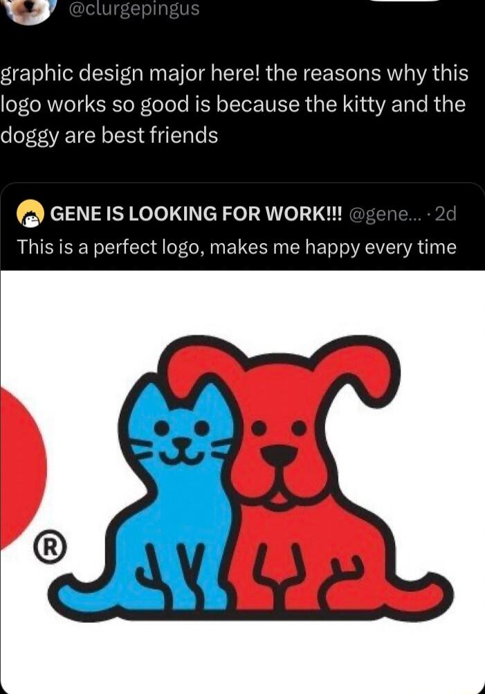 A4 Ty Iofe S NN ET TR CTEIR G R R ERVL IR G logo works so good is because the kitty and the doggy are best friends GENE IS LOOKING FOR WORK This is a perfect logo makes me happy every time