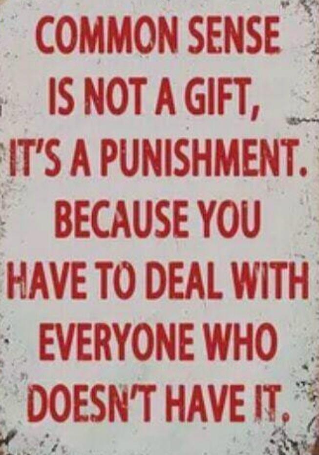 COMMON SENSE IS NOT A GIFT, IT'S A PUNISHMENT. BECAUSE YOU HAVE TO DEAL WITH EVERYONE WHO DOESN'T HAVE IT.