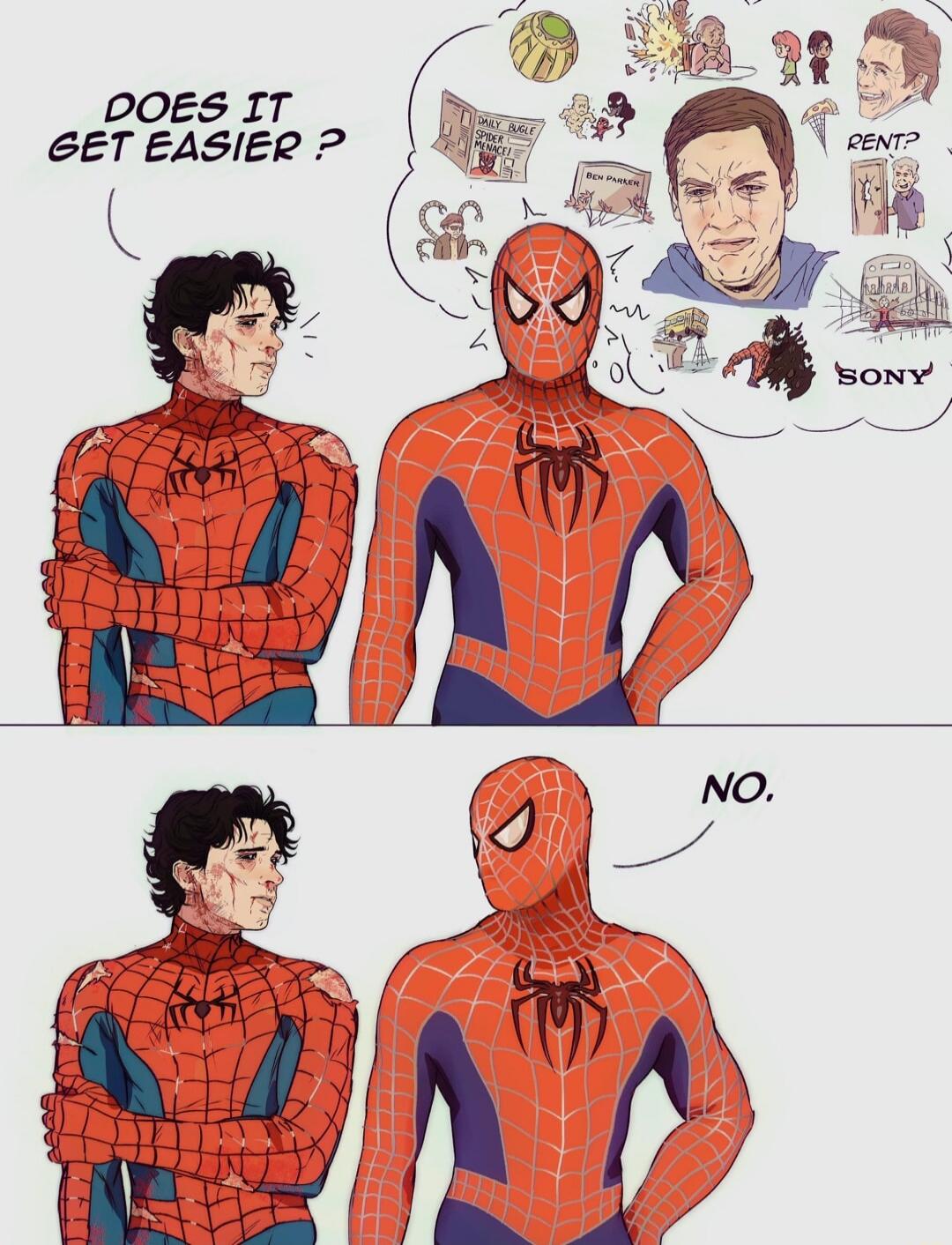 DOES IT GET EASIER? DAILY BUGLE SPIDER-MENACE! BEN PARKER RENT? SONY NO.