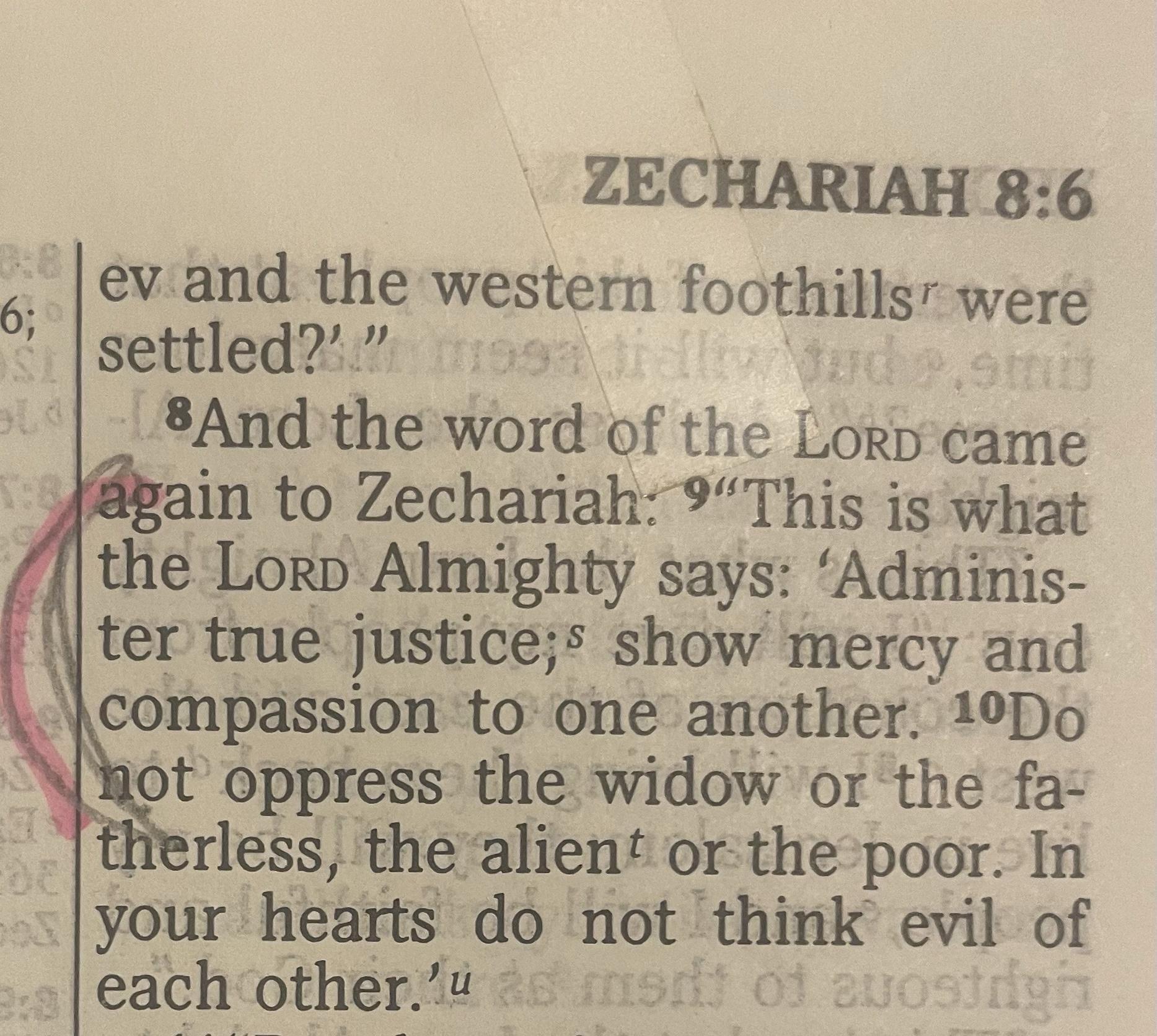 ZECHARIAH 86 evand the western foothills were settled 8And the word of the Loky came in to Zechariah This is what the Lorp Almighty says Adminis ter true justice show mercy and compassion to one another 19Do ot oppress the widow or the fa herless the alient or the poor In your hearts do not think evil of each otherd