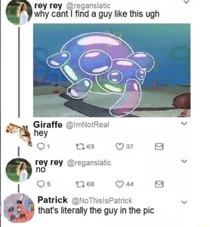 rey rey reganslatic e why cant find a guy like this ugh aL O Q63 Qa7 m rey rey reganslatic v no Os tle8 Q aa fa Patrick NoThisIsPatrick v thats literally the guy in the pic