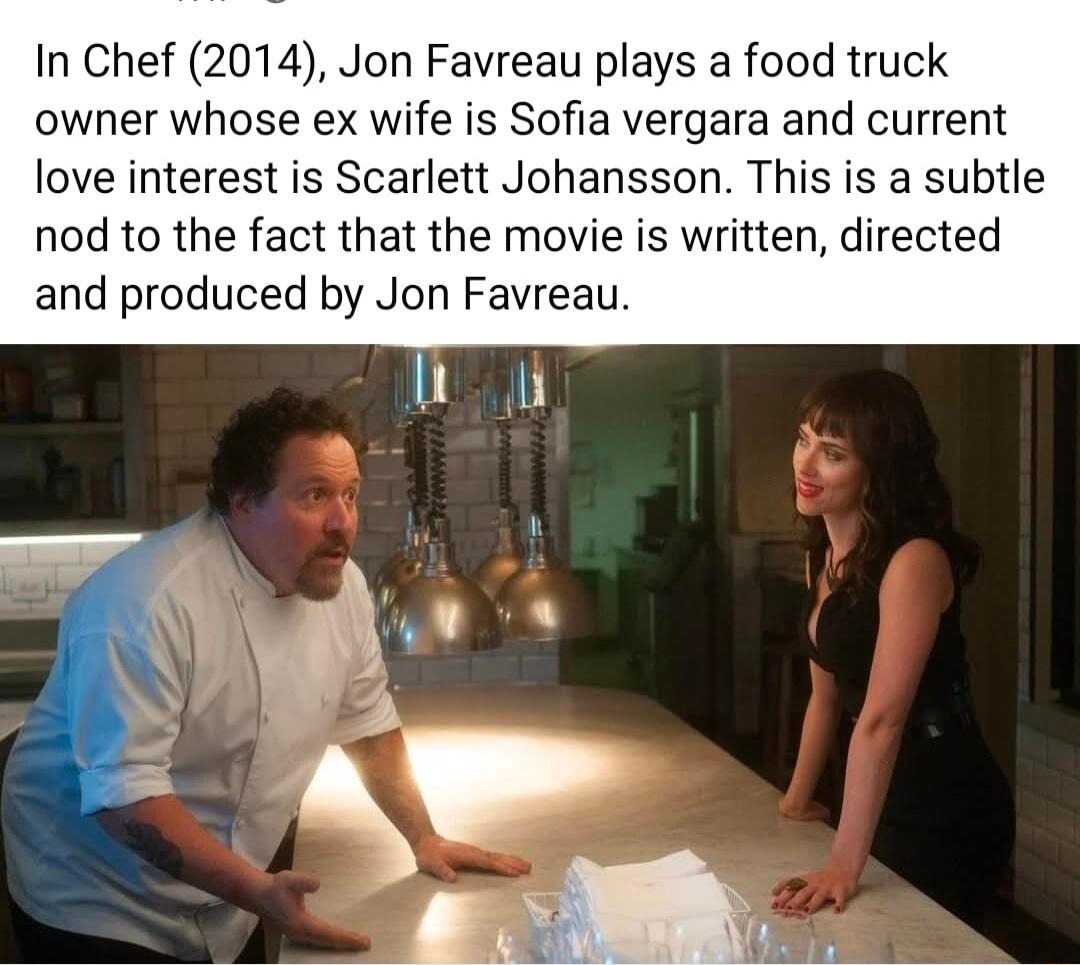 In Chef (2014), Jon Favreau plays a food truck owner whose ex wife is Sofia Vergara and current love interest is Scarlett Johansson. This is a subtle nod to the fact that the movie is written, directed and produced by Jon Favreau.