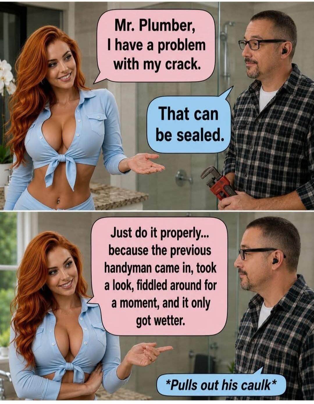 Mr. Plumber, I have a problem with my crack. That can be sealed. Just do it properly... because the previous handyman came in, took a look, fiddled around for a moment, and it only got wetter. *Pulls out his caulk*