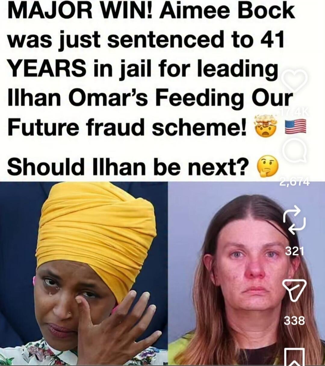 MAJOR WIN! Aimee Bock was just sentenced to 41 YEARS in jail for leading Ilhan Omar's Feeding Our Future fraud scheme! Should Ilhan be next?