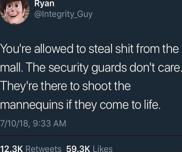 LS Integrity_Guy Youre allowed to steal shit from the mall The security guards dont care ARG E R X plelo1aipl mannequins if they come to life 71018 933 AM 12 3K Retweets BO 3K ikes