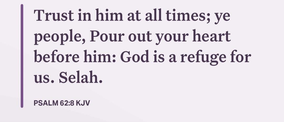 Trust in him at all times; ye people, Pour out your heart before him: God is a refuge for us. Selah.
PSALM 62:8 KJV