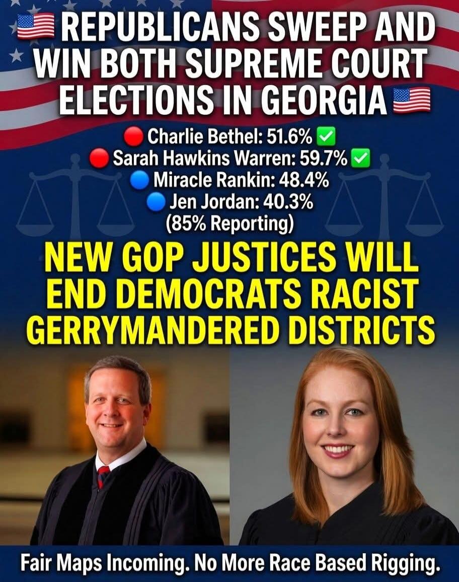 Republicans sweep and win both Supreme Court elections in Georgia. Charlie Bethel: 51.6%, Sarah Hawkins Warren: 59.7%. Miracle Rankin: 48.4%, Jen Jordan: 40.3% (85% Reporting). New GOP justices will end Democrats racist gerrymandered districts. Fair Maps Incoming. No More Race Based Rigging.