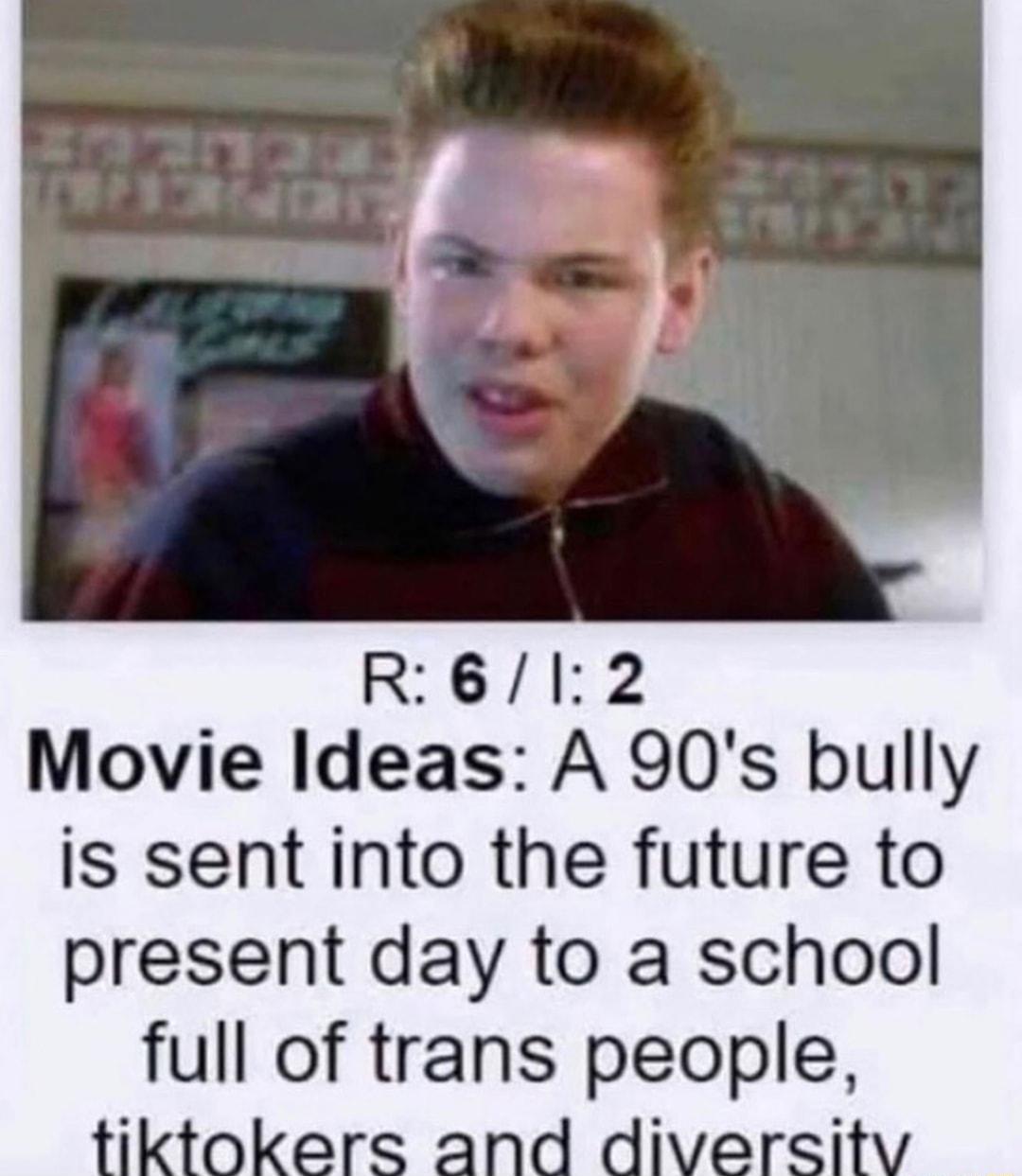 R612 Movie Ideas A 90s bully Is sent into the future to present day to a school full of trans people